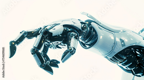 A robotic hand clutching a futuristic gadget isolated on a white background 
