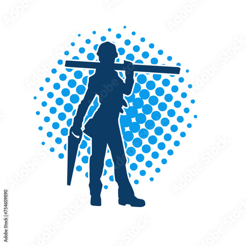 Silhouette of a carpenter woman carrying wood boards and hacksaw tool
