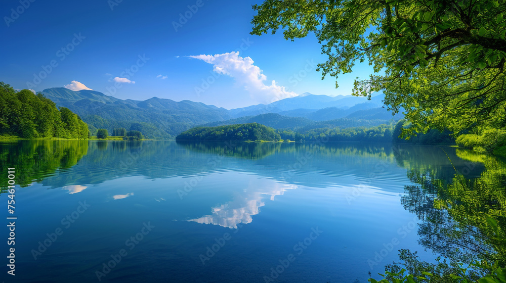  A serene lakeside scene with lush greenery, reflecting the clear blue sky and mountains 