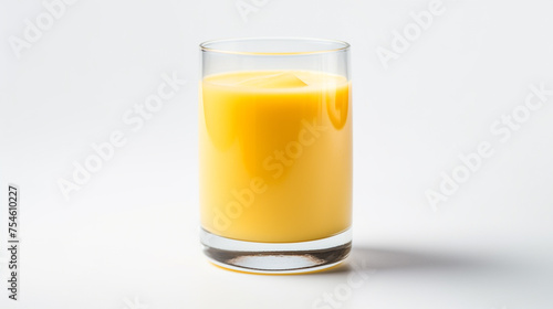  A single glass filled with a smooth, yellow mango juice, perfectly showcased on a bright white background