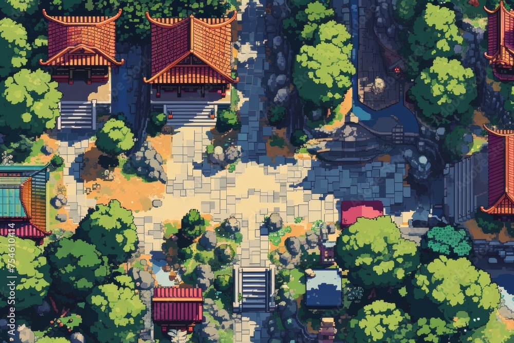 Fototapeta premium Pixelated village for game map. pixel map in the game. pixelated village maps in the game. Pixel art concept of village. Abstract pixelate landscape background.