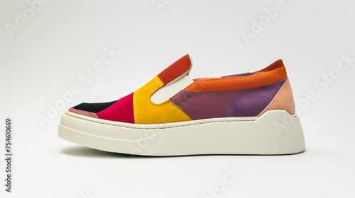 a single pair of slip-on platform sneakers with a bold color palette, photographed against a white background,
