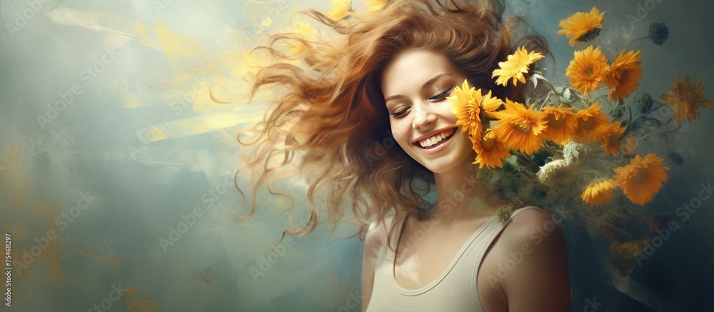 A painting depicting a happy woman with long flowing hair adorned with colorful flowers. She is smiling and looking towards the viewer, exuding a sense of joy and beauty. A painting depicting a happy woman with long flowing hair adorned with colorful flowers. She is smiling and looking towards the viewer, exuding a sense of joy and beauty.