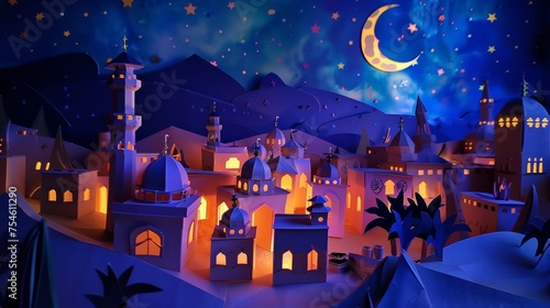 A papercraft scene of a traditional Islamic village in the desert, with paper houses and mosques, under a starry paper night sky, wide shot to capture the entire paper village photo