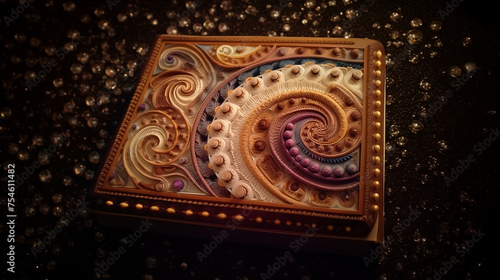 Ornate Decorative Carved Box with Spiraling Patterns and Gems