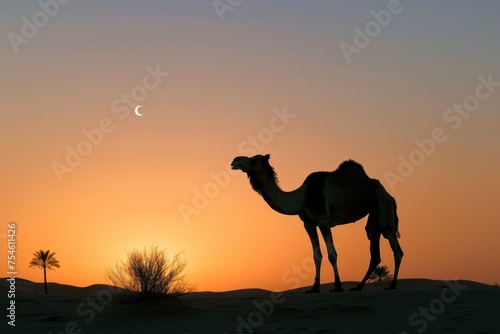 A single camel silhouetted against a desert sunrise,