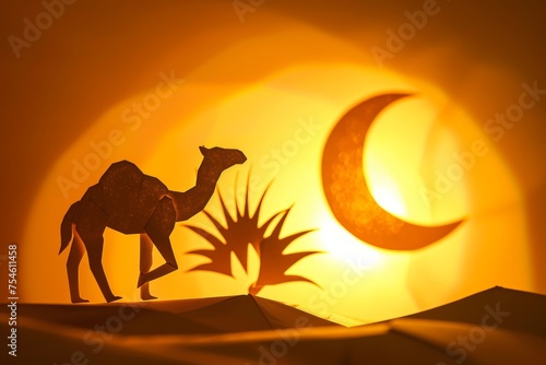 symbolizing the beginning of Ramadan  close-up to emphasize the camel s silhouette and the symbolic paper moon  soft backlighting to create a serene atmosphere.