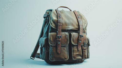 A trendy backpack made of high-quality materials, captured in sharp detail against a white backdrop 