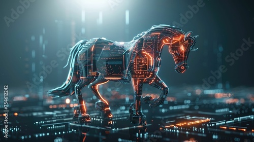 3D digital art of a Trojan horse in a cyberspace environment symbolizing security threats and malware. 