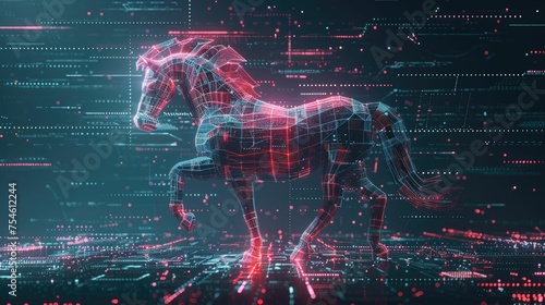3D digital art of a Trojan horse in a cyberspace environment symbolizing security threats and malware.
 photo