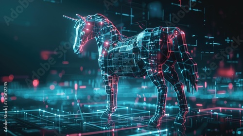 3D digital art of a Trojan horse in a cyberspace environment symbolizing security threats and malware. 