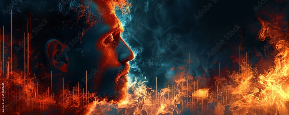 A man's face is surrounded by fire and smoke - obrazy, fototapety, plakaty 