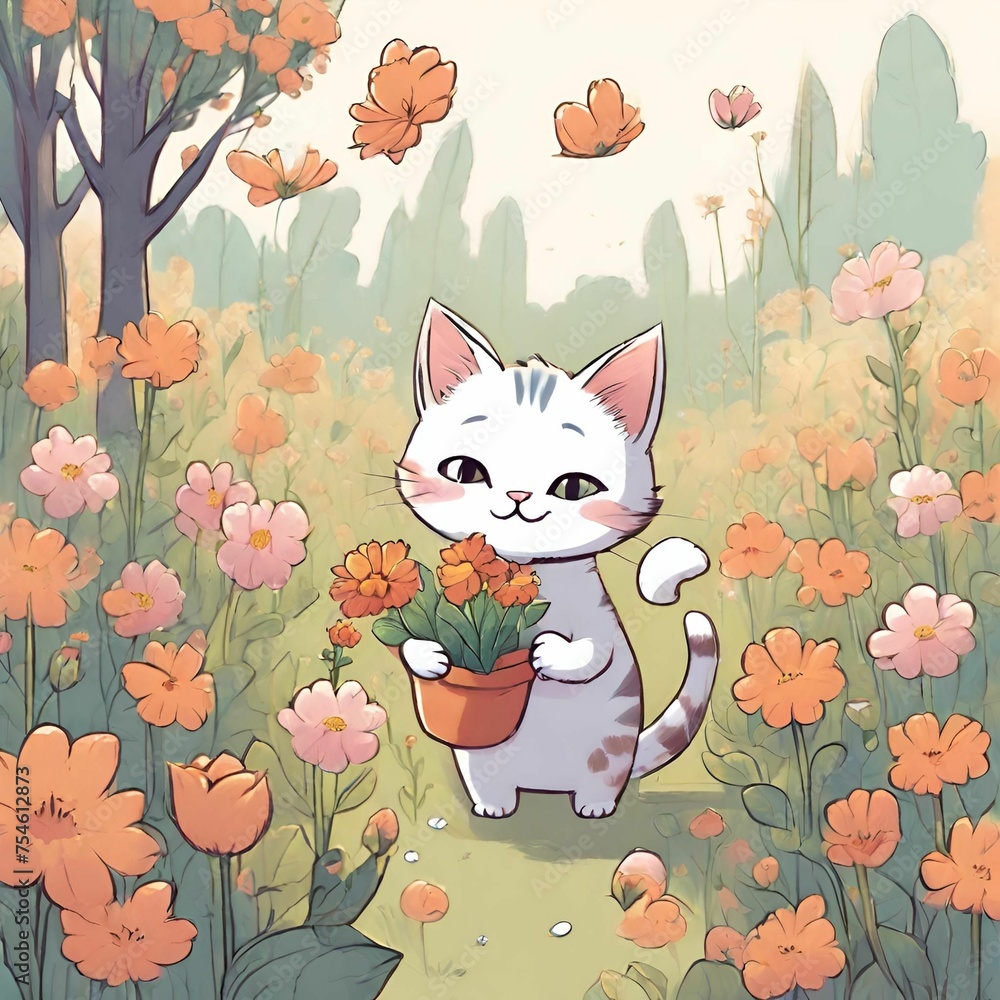 봄에 꽃을 줍고 있는 귀여운 흰색 고양이 봄에 꽃을 줍고 있는 귀여운 흰색 고양이