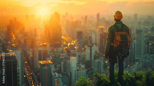 A man is standing on a hill overlooking a city at sunset