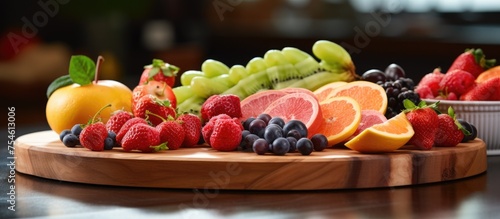 A close-up shot of a wooden cutting board covered with a variety of fresh fruits, including apples, oranges, grapes, and strawberries, displayed on a buffet table.