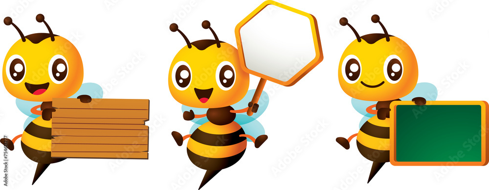Cartoon cute bee hold signboard variation mascot set. Cute bee carries wooden, honeycomb-shaped signboard and blackboard - obrazy, fototapety, plakaty 