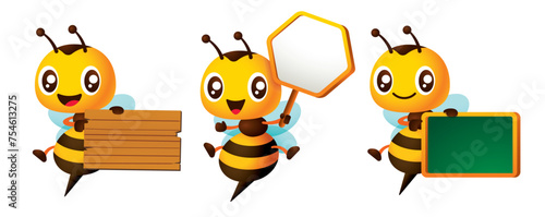 Cartoon cute bee hold signboard variation mascot set. Cute bee carries wooden, honeycomb-shaped signboard and blackboard. Vector character set