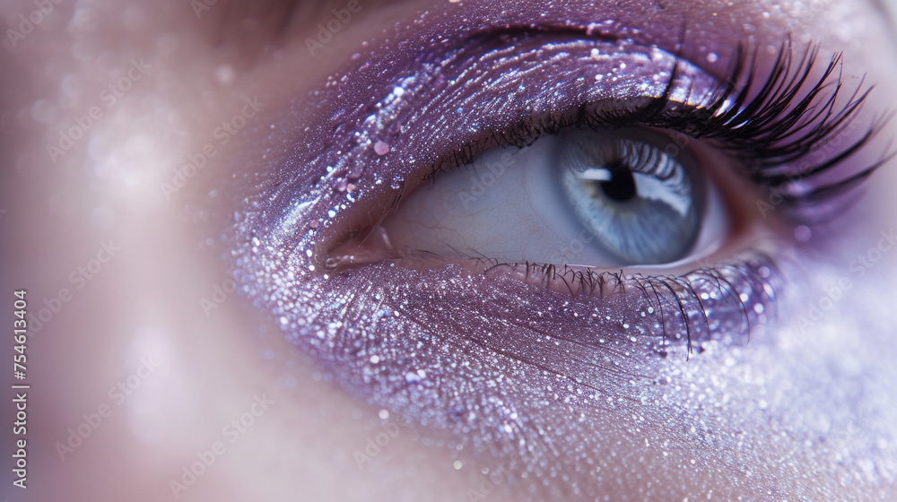  silver and lavender smoky makeup on a face, perfectly isolated on a white background, captured with sharpness