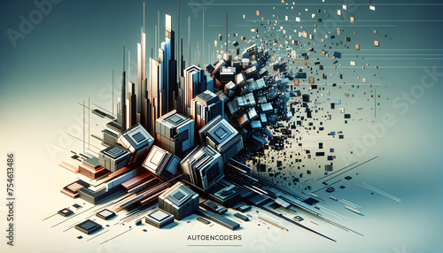 Autoencoders: Geo Minimalism meets Digital Disintegration in Futuristic Tech Evolution. photo