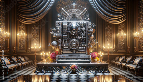 Ornate AI Music Device in Opulent Palace Chamber
