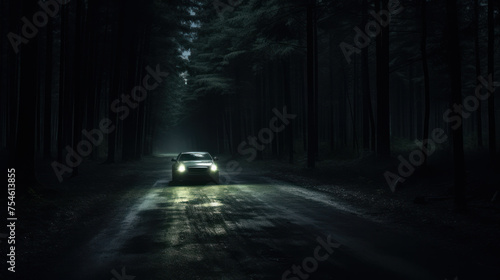 Fototapeta Naklejka Na Ścianę i Meble -  Car driving through the forest at night.