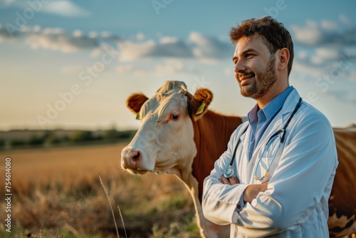 Veterinarian with a cow in a field