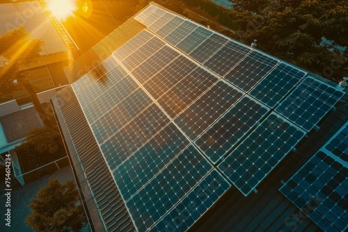 Top view of solar panels on building roof at sunset