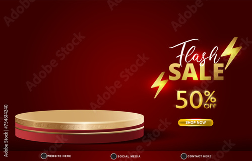 flash sale discount template banner with blank space 3d podium for product sale with abstract gradient red and golden background design