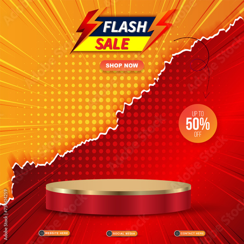 flash sale discount template banner with blank space 3d podium for product sale with abstract gradient red and orange background design