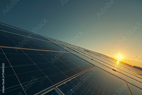 Solar panels on building roof with rising sun on the horizon