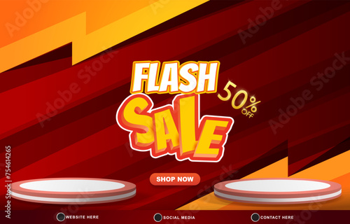 flash sale discount template banner with blank space 3d podium for product sale with abstract gradient red and orange background design3
