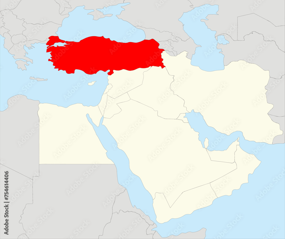 Red map of TURKEY inside highlighted beige map of the Middle East