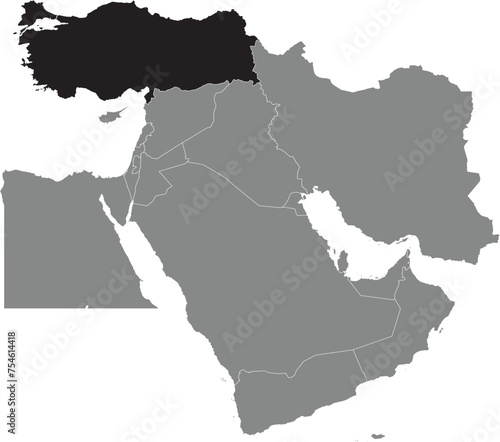 Black map of TURKEY (TÜRKIYE) inside gray map of the Middle East