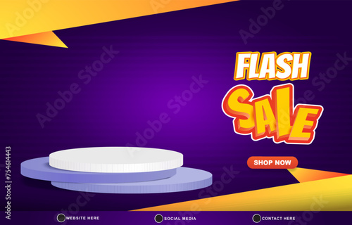 flash sale discount template banner with blank space 3d podium for product sale with abstract gradient purple and orange background design4