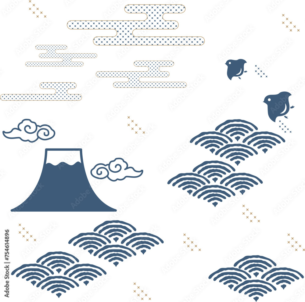 Japanese seamless pattern with geometric pattern vector. Asian background with oriental decoration in vintage style template. Fuji mountain, bonsai tree, cloud and wave elements.