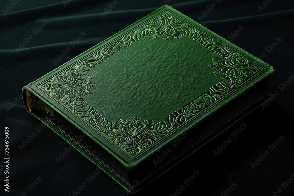 a black hardcover book with a green cover, in the style of victorian engravings, textured shading, symmetrical arrangement a black hardcover book with a green cover, in the style of victorian engravings, textured shading, symmetrical arrangement