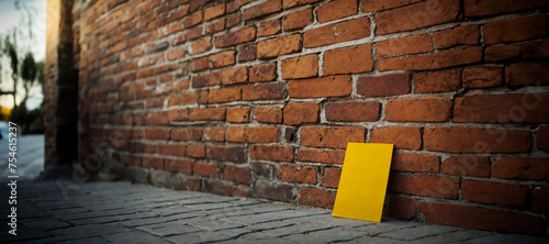 1. Mensagem em Destaque: Bilhete Amarelo na Parede de Tijolinhos Aparentes. photo