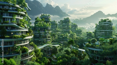 Futuristic urban landscape combined with lush greenery, concept of sustainable urban living. © Suparak