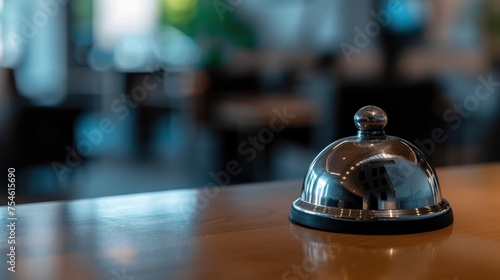 Service bell on the table hotel reception with blurred background photo