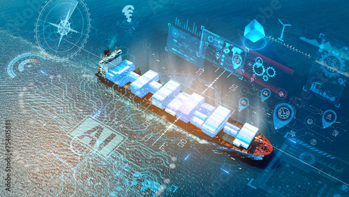 AI technology. Global Logistics international delivery concept, World map logistic and supply chain network distribution container Ship running for export import to customs cean concept isometric photo