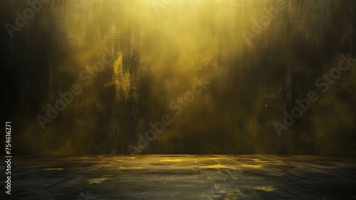 Glowing golden light on a distressed backdrop - An empty stage with distressed walls bathed in golden light, creating a sense of anticipation and drama