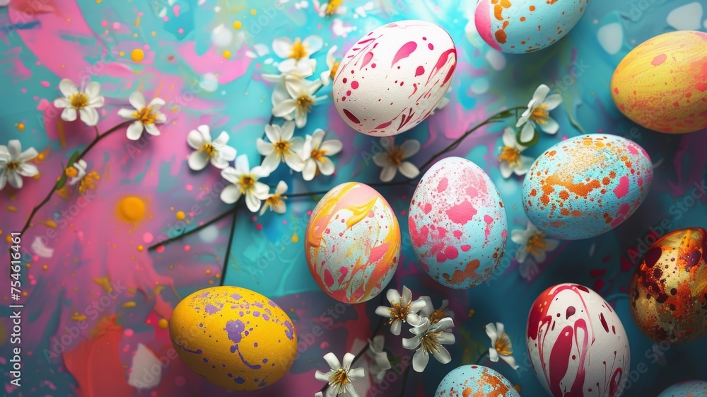 Colorful Easter eggs on artistic paint splatter - A visually striking composition featuring Easter eggs on a backdrop of vibrant paint splatters and white blossoms