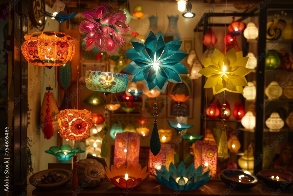 Colorful Hanging Lanterns in a Boutique - Vibrant hanging lanterns displaying intricate patterns and designs, inviting a cheerful holiday atmosphere inside a boutique