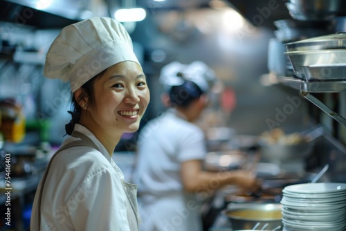 Chef in a busy restaurant kitchen - Playful female chef in white toque smiling in a busy restaurant kitchen, colleagues working behind