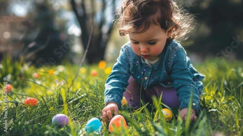 Child collecting Easter eggs in grass, blurred face - Image captures a young child engaged in the whimsical tradition of an Easter egg hunt in a lush garden
