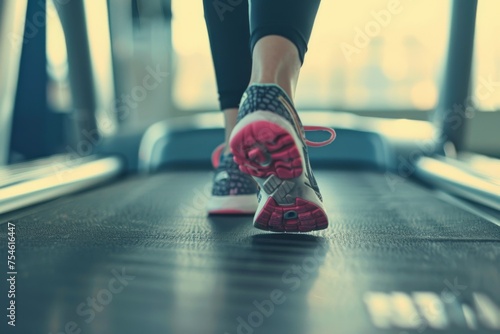 Close-up of running shoes on a treadmill - An action shot highlighting the focus on fitness with close-up of athletic shoes on a treadmill