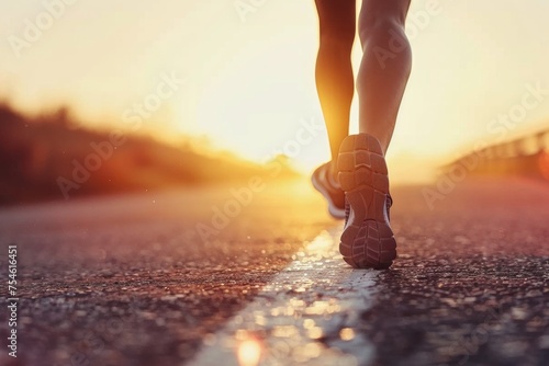 Close-up of athlete's feet on sunset road - A dynamic shot demonstrating the energy and rhythm of running at sunset, with a focus on athletic shoes against the asphalt