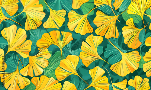 Yellow ginkgo biloban leaves hand drawn colourful green and yellow background,  Generative AI  © simba kim