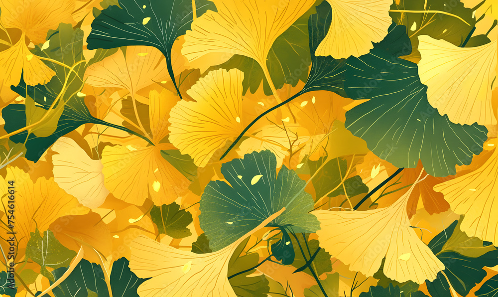 Yellow ginkgo biloban leaves hand drawn colourful green and yellow background,  Generative AI 