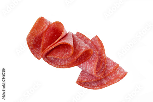 Salami smoked sausage slices on background